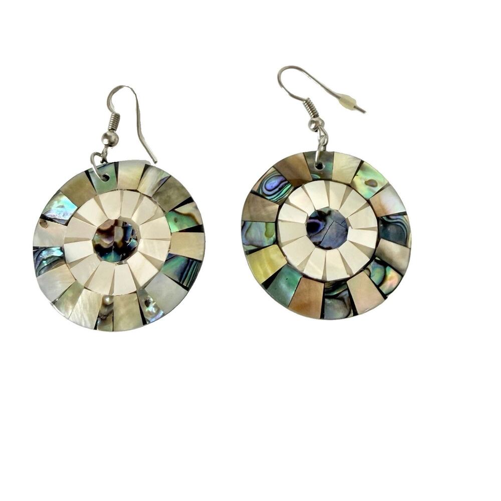 Mother of Pearl Abalone Shell Earrings Mosaic Inlaid Circle Dangle Pierced
